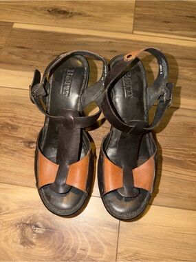 Born Two-Tone Black and Tan Leather T-Strap Sandals